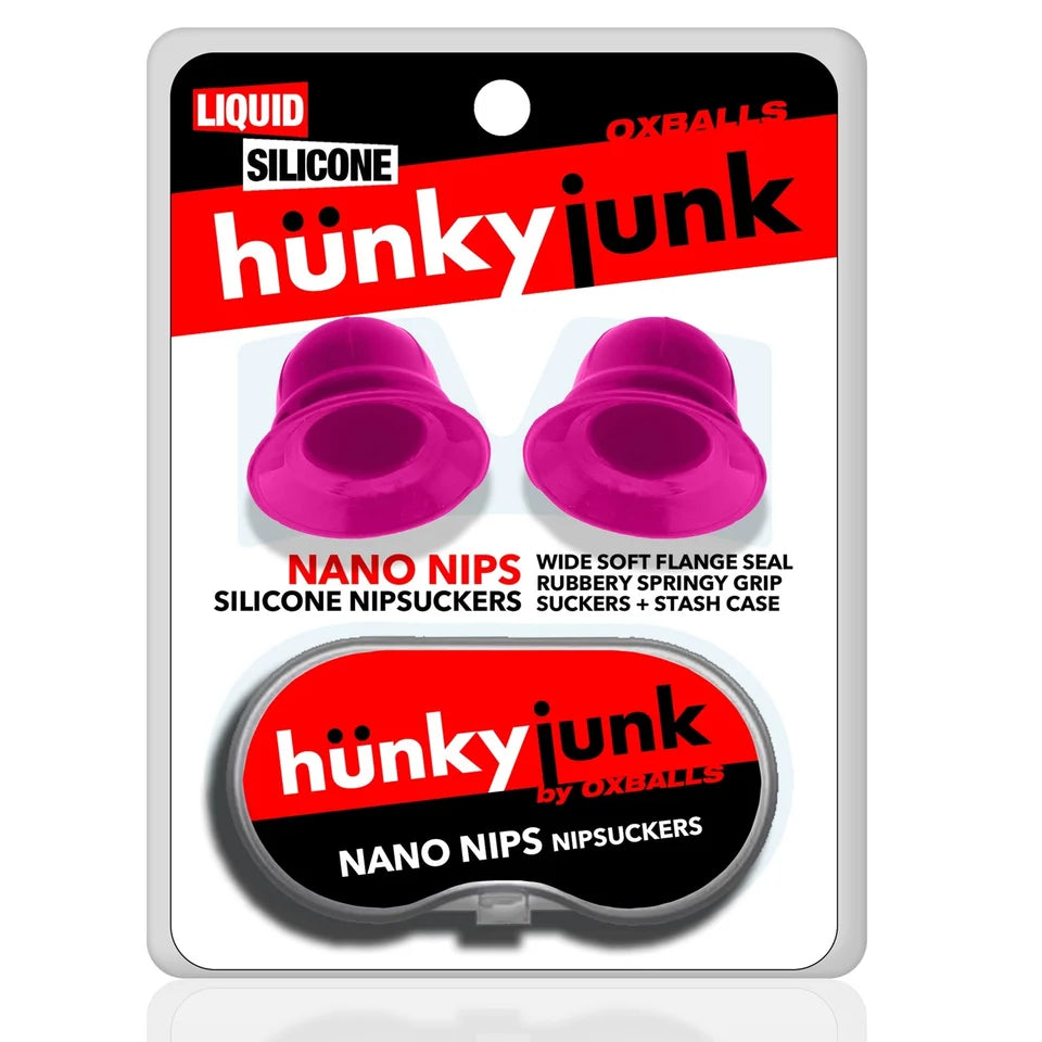 Hunky Junk Nano Nips pink silicone nipple suckers with stash case by Oxballs in retail packaging.