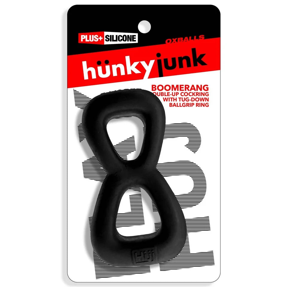 Hunky Junk Boomerang double-up black silicone cock ring with tug-down ball grip by Oxballs.