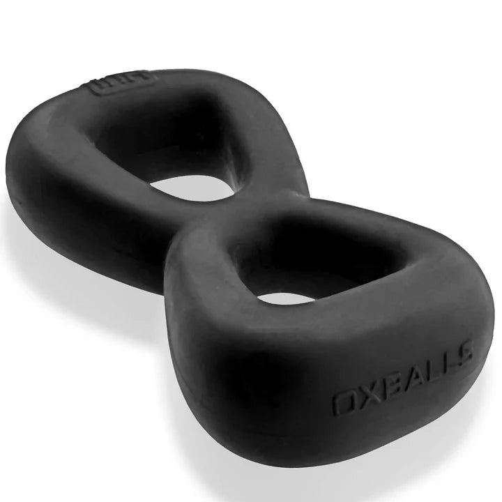 Hunky Junk Boomerang double-up black silicone cock ring with tug-down ball grip by Oxballs no packaging