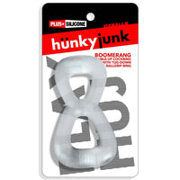 Hunky Junk Boomerang double-up clear silicone cock ring with tug-down ball grip by Oxballs.