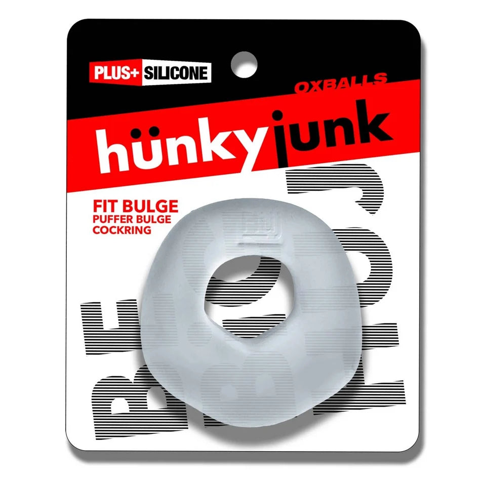 Hunky Junk Fit Bulge Puffer Bulge white silicone cock ring by Oxballs in retail packaging.