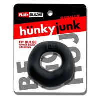 Hunky Junk Fit Bulge Puffer Bulge black silicone cock ring by Oxballs in retail packaging.