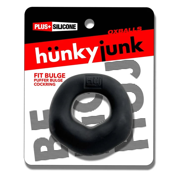 Hunky Junk Fit Bulge Puffer Bulge black silicone cock ring by Oxballs in retail packaging.
