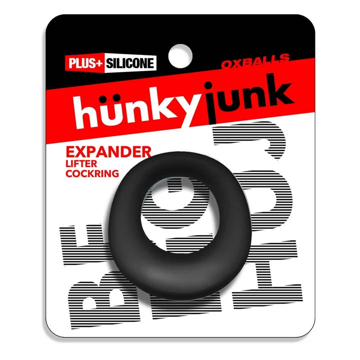 Hunky Junk Expander Lifter black silicone cock ring by Oxballs in retail packaging.