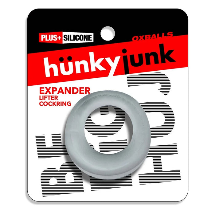 Hunky Junk Expander Lifter white silicone cock ring by Oxballs in retail packaging.