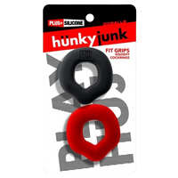 Hunky Junk Fit Grips black and red silicone cock ring set by Oxballs in retail packaging