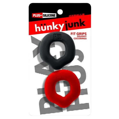 Hunky Junk Fit Grips black and red silicone cock ring set by Oxballs in retail packaging