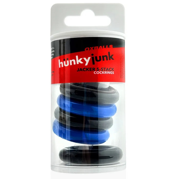hunky junk jacker 5 stack cock rings in tube packaging. black and blue