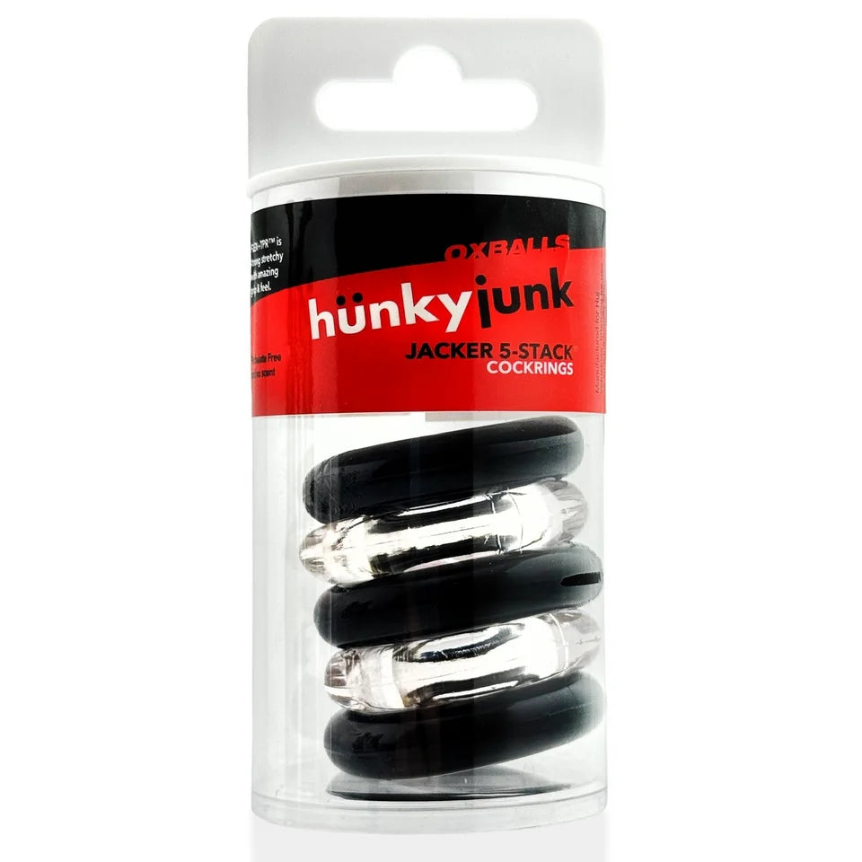 hunky junk jacker 5 stack cock rings in tube packaging. black and clear