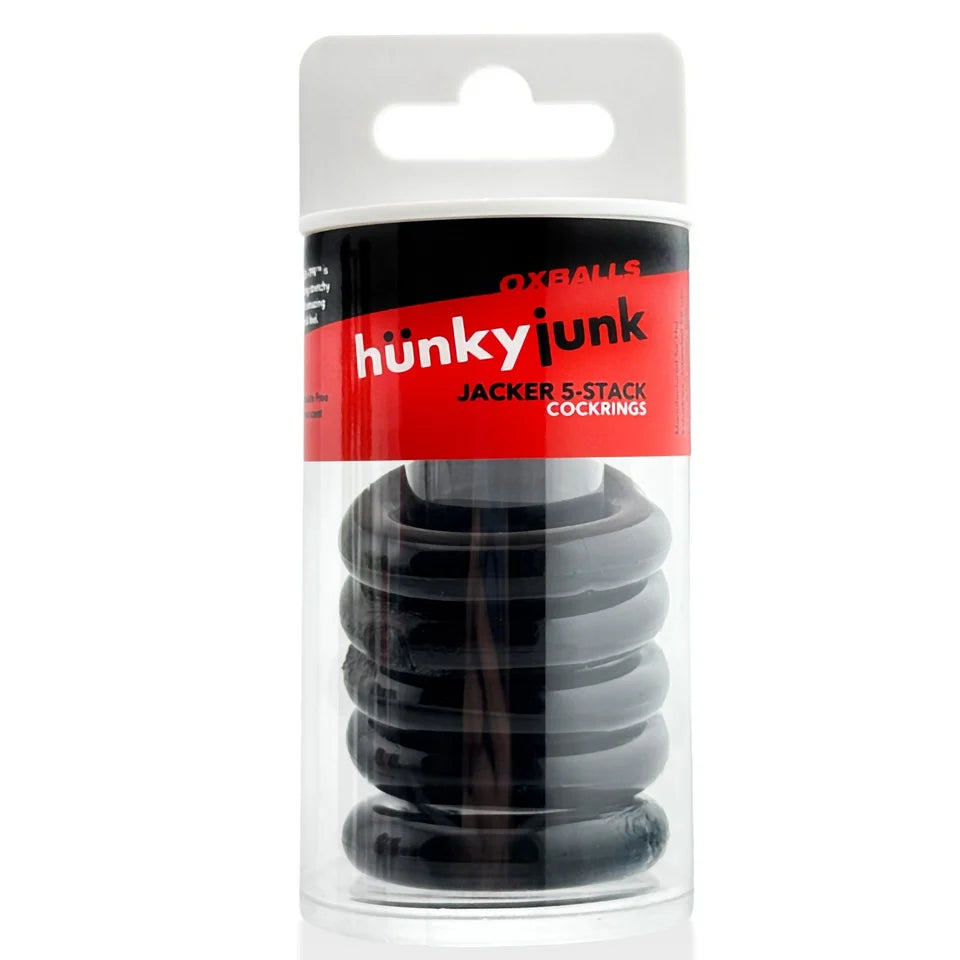 hunky junk jacker 5 stack cock rings in tube packaging. black