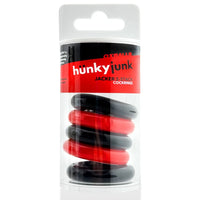 hunky junk jacker 5 stack cock rings in tube packaging. black and red