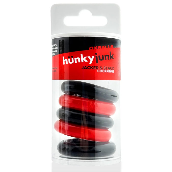hunky junk jacker 5 stack cock rings in tube packaging. black and red