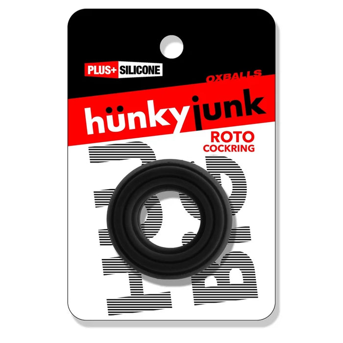 hunky junk roto cock ring in black, in packaging