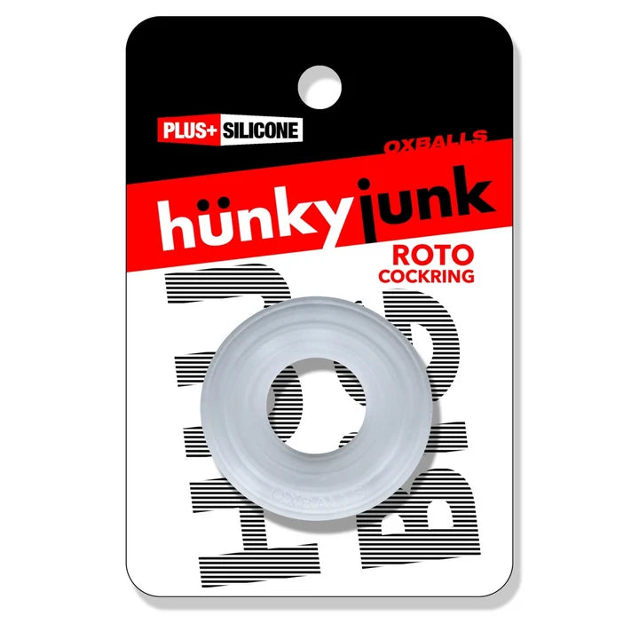 hunky junk roto cock ring in clear, in packaging