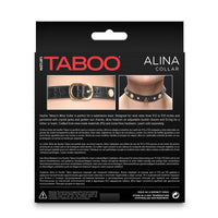 Packaging of Taboo Alina Collar with product images and text on a white background