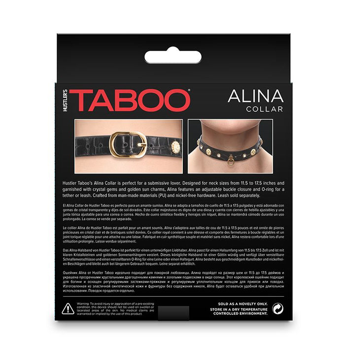 Packaging of Taboo Alina Collar with product images and text on a white background