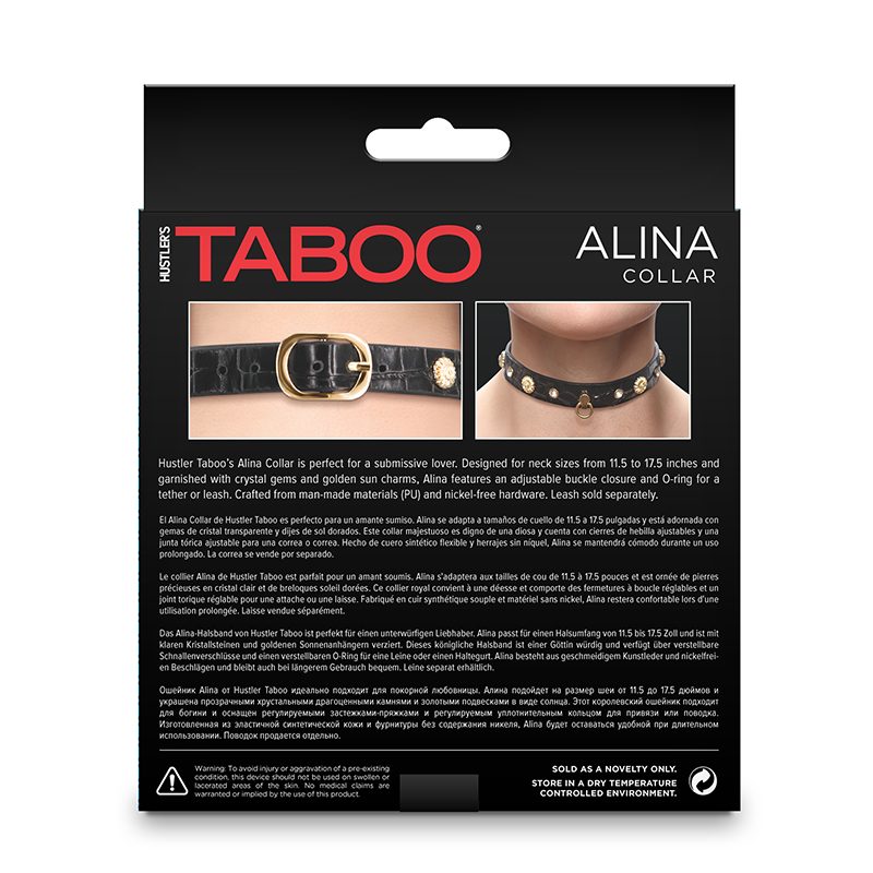 Packaging of Taboo Alina Collar with product images and text on a white background
