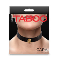 Packaging of a black choker with gold clasp labeled 'Cara' by 'Taboo' on a white background.