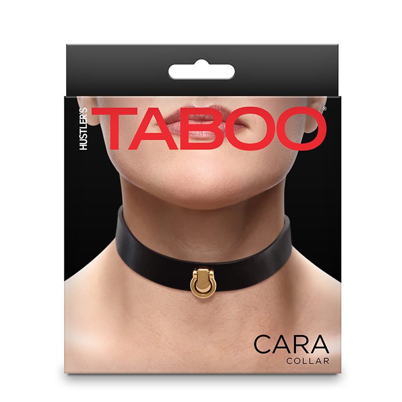 Packaging of a black choker with gold clasp labeled 'Cara' by 'Taboo' on a white background.