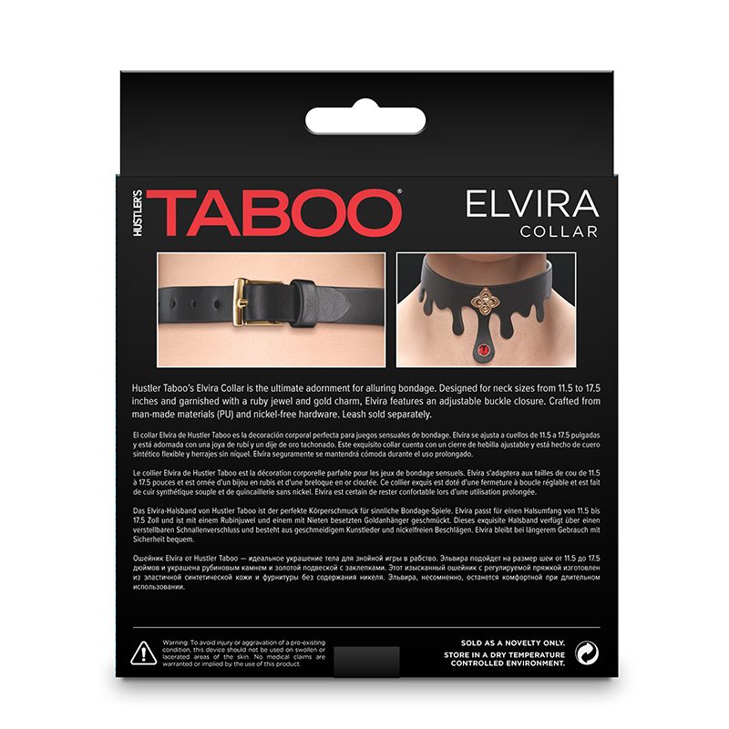 Packaging of Taboo Elvira Collar with product images and branding on a white background