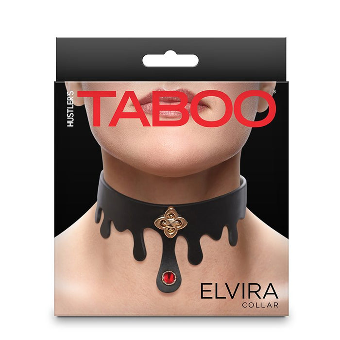 Packaging of Elvira collar with 'Taboo' branding on a white background