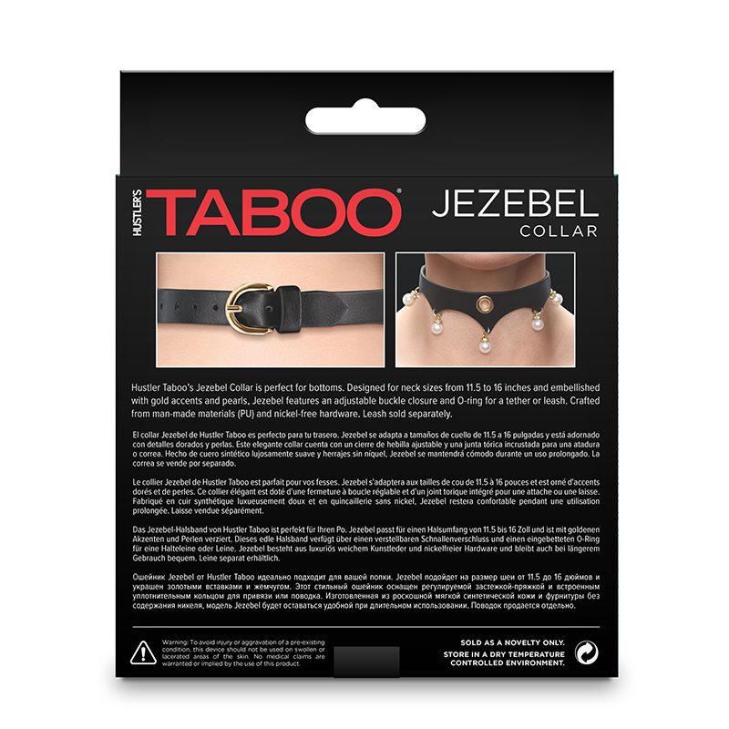 Packaging of Taboo Jezebel Collar with product images and text on a white background