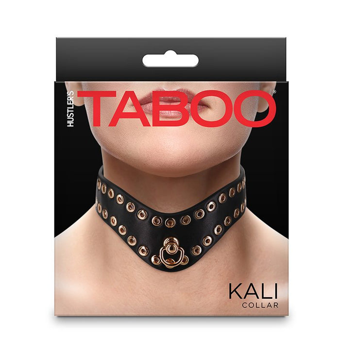 Packaging of a studded choker with 'Taboo' branding on a white background