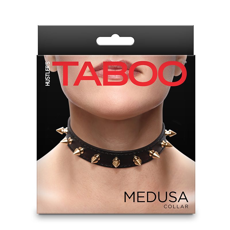 Packaging of a black studded collar with 'Taboo' branding on a white background