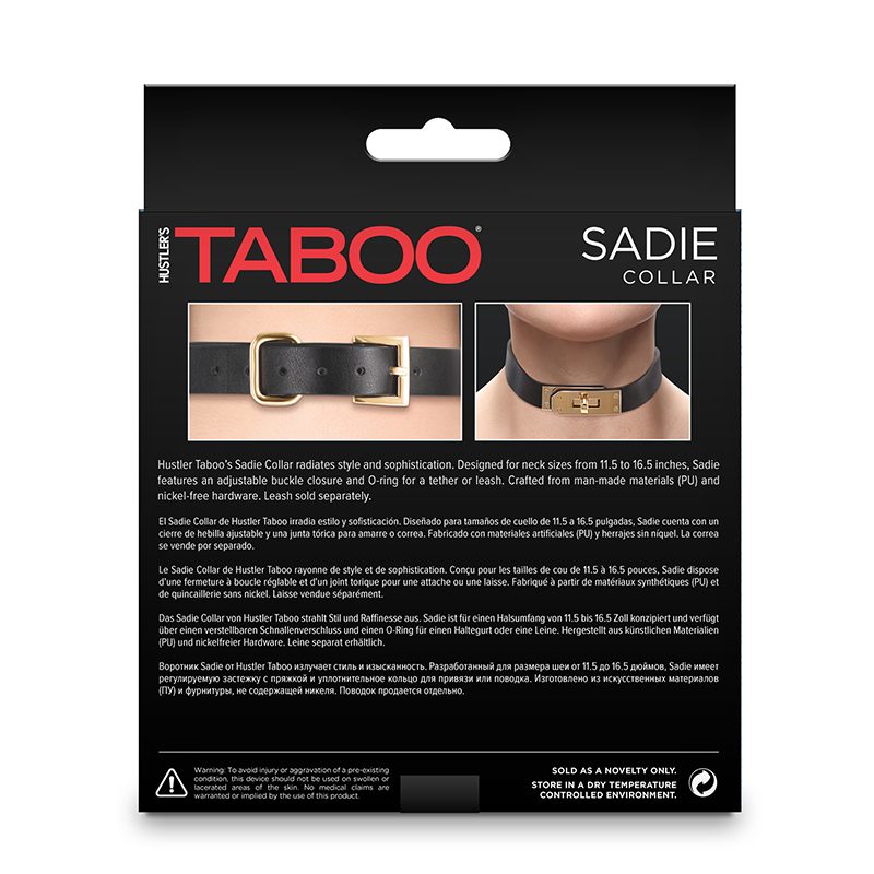 Packaging of a Taboo Sadie Collar with images of the collar on a white background.