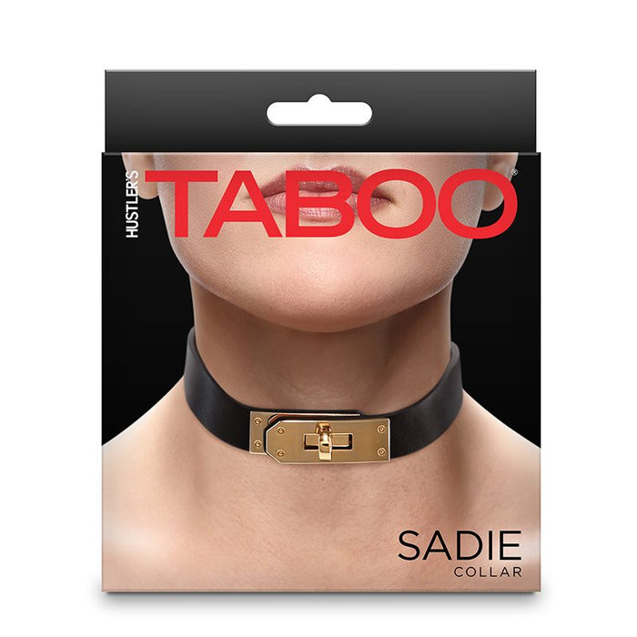Packaging of a black choker with gold clasp labeled 'Taboo' on a white background.