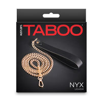 Product packaging of a gold chain leash with a black handle, featuring the brand 'Taboo' on a dark background.