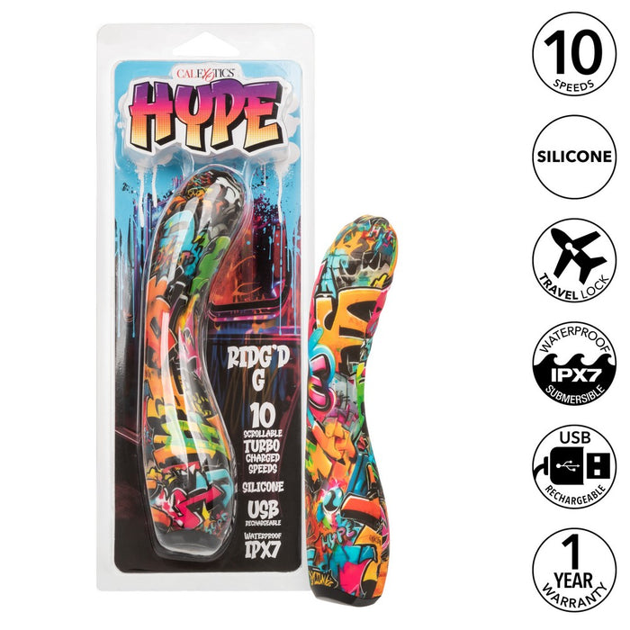 graffeti print vibrator with curved bottom and head beside packaging