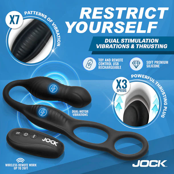 Jock Enhancers Hyper Cock Ring With Anal Plug with features highlighted on a blue background, featuring the brand 'JOCK'.