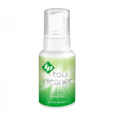 Bottle of toy cleaner with a green label on a white background