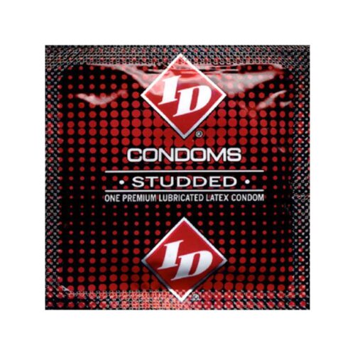 Condom package of studded condoms with 'ID' branding on a red and black patterned background