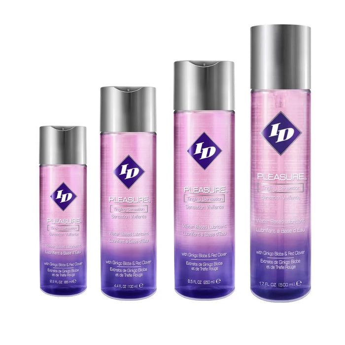 purple bottles of id pleasure lubricant in various sizes