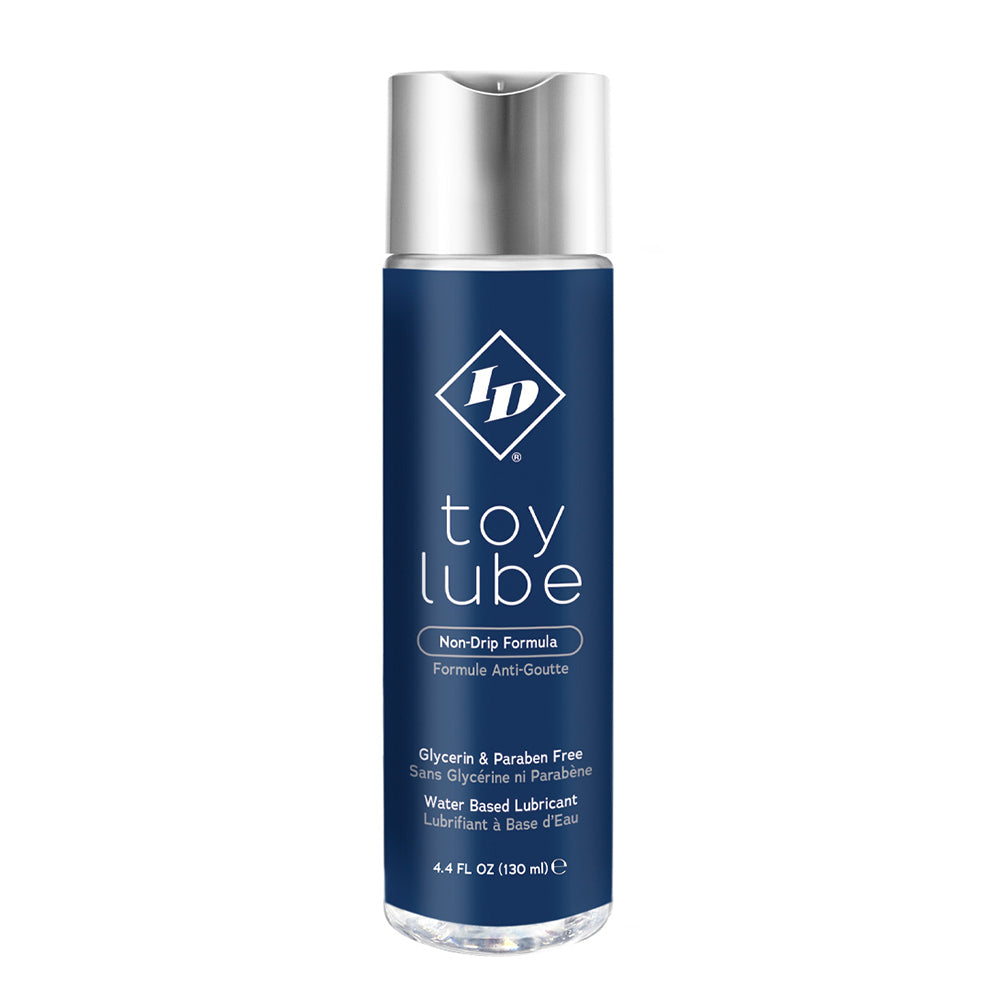 clear bottle with navy blue wrapper id toy lube 4.4oz non drip formula