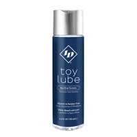 clear bottle with navy blue wrapper id toy lube 4.4oz non drip formula