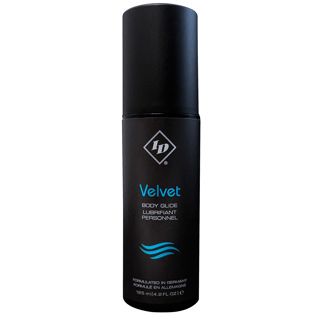 Black bottle labeled 'Velvet' id silicone lubricant with a blue label on a white background