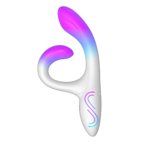 White and purple curved vibrator with a logo on a white background