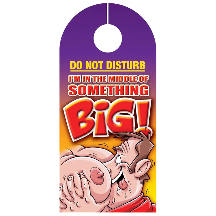 A colorful 'Do Not Disturb' door hanger with an illustration of a cartoon character.