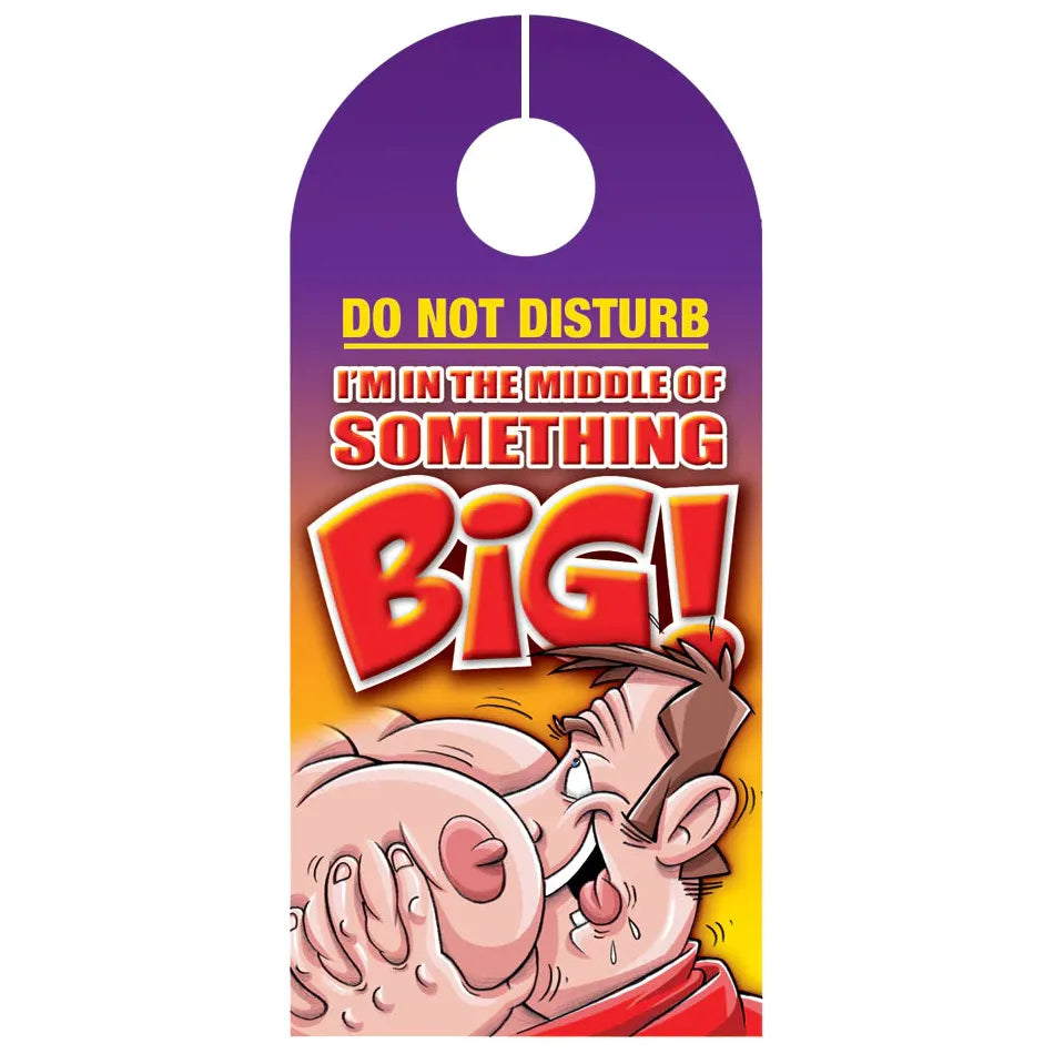 A colorful 'Do Not Disturb' door hanger with an illustration of a cartoon character.