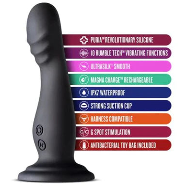 a black vibrating dildo with a ridged head and suction cup base, shown next to a list of its key features