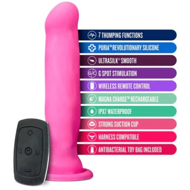 a pink vibrating dildo with a smooth shaft and penis shaped head, shown next to a black remote control and a list of its key features