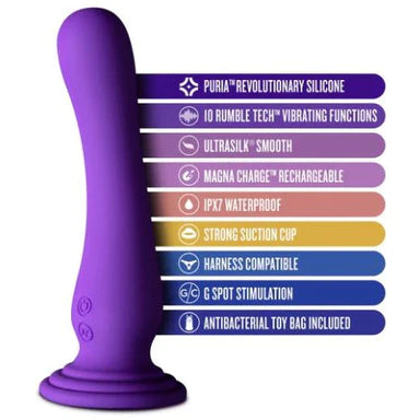 a purple smooth vibrator with a suction cup base, shown next to a list of its key features