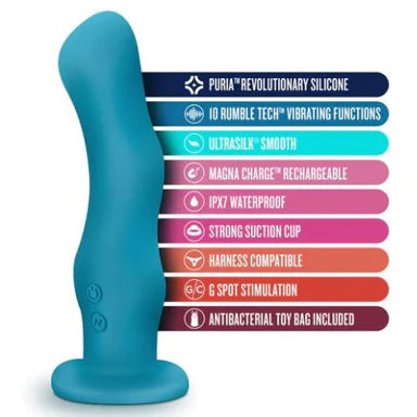 a blue wavy vibrator with a suction cup vibrator shown next to a list of its key features