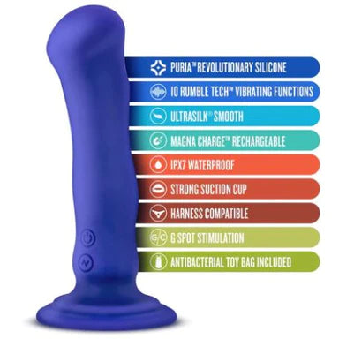 a blue vibrator with a wavy shaft, a bulbus head and a suction cup base shown next to a list of its key features