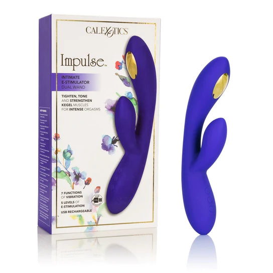a blue vibrator with a clitoral stimulator and a gold g spot contact point shown next to its display box