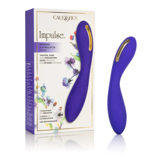 a blue curved vibrator with a gold contact point, shown next to its white display box