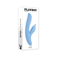 blue thrusting, thumping g spot vibrator with leaf like clitoral stimulator on box packaging